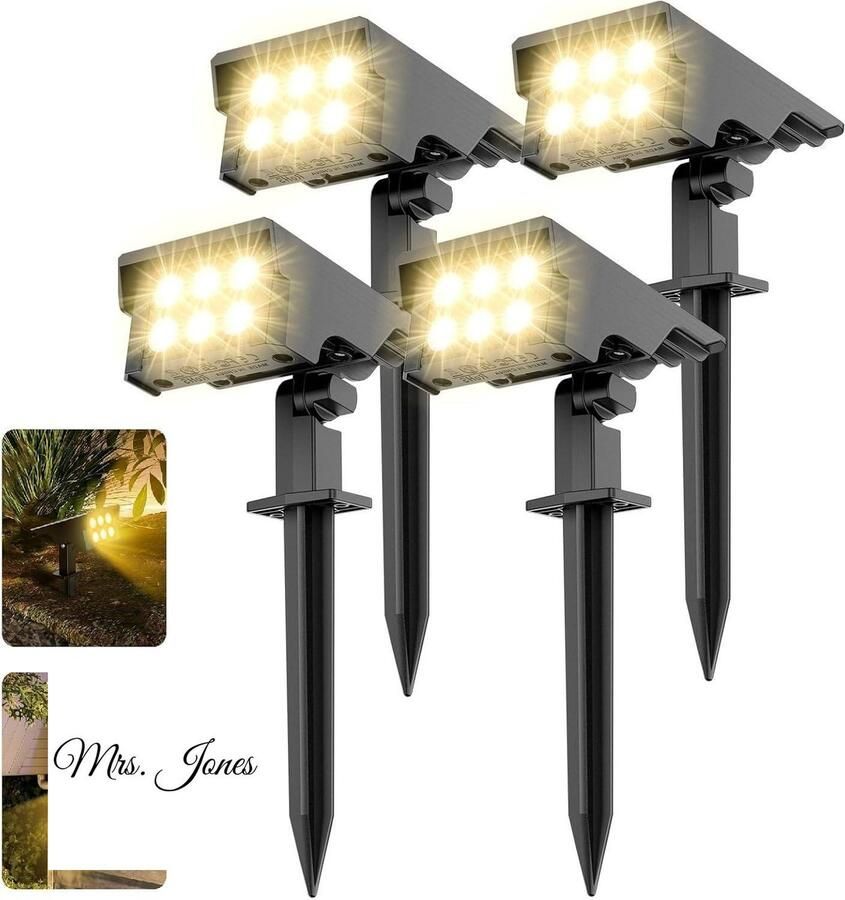 Mrs. Jones Solar Spots tuin 2700K Warmwitte Tuinverlichting op Zonne-energie 3 Helderheid 3 Modi IP66 Waterdicht Zonnelicht voor Tuin Garage Pad en Balkon 4 Stuks Outdoor Verlichting