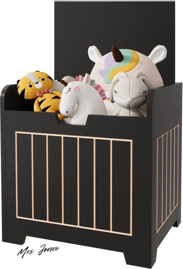 Mrs. Jones Speelkist met deksel opbergkist voor kinderen kinderzitbank met opbergruimte houten speelgoedkist voor kinderkamer woonkamer speelkamer jongens en meisjes zwart