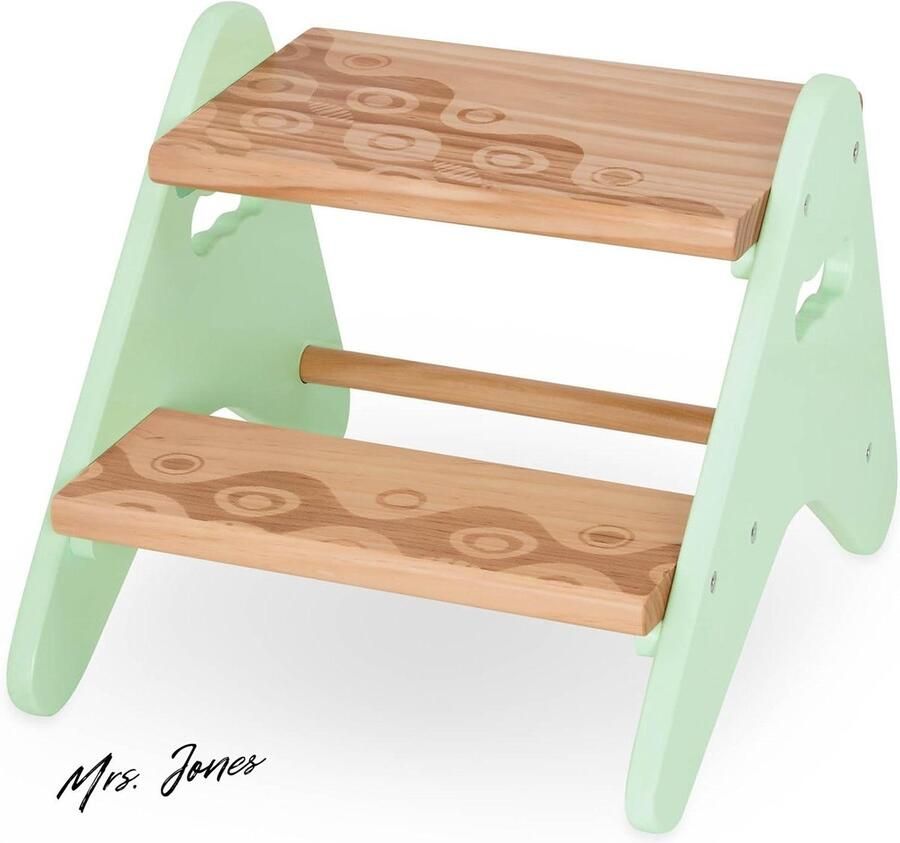 Mrs. Jones Stabiele opstapkruk voor kinderen van hout kruk met 2 treden kindermeubel muntkleurig voor badkamer-keuken-kinderkamer vanaf 2 jaar klein