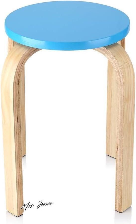 Mrs. Jones Stapelbare kruk Houten kruk snoepkleur 4 kleuren Antislip 4 poten 40 x 45 cm woonkamer Eetkamer Kinderkamer (Blauw)