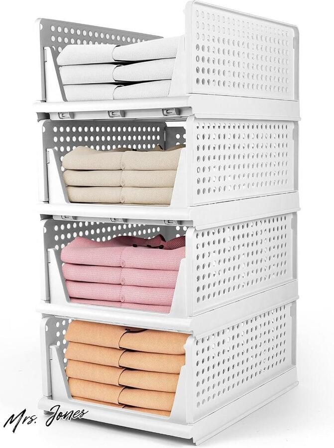 Mrs. Jones Stapelbare ladeboxen 4 stuks kledingkast organizer uittrekbaar plastic lade-inzetstuk kledingkast opvouwbare kast laden kledingkast eetkamer (wit)
