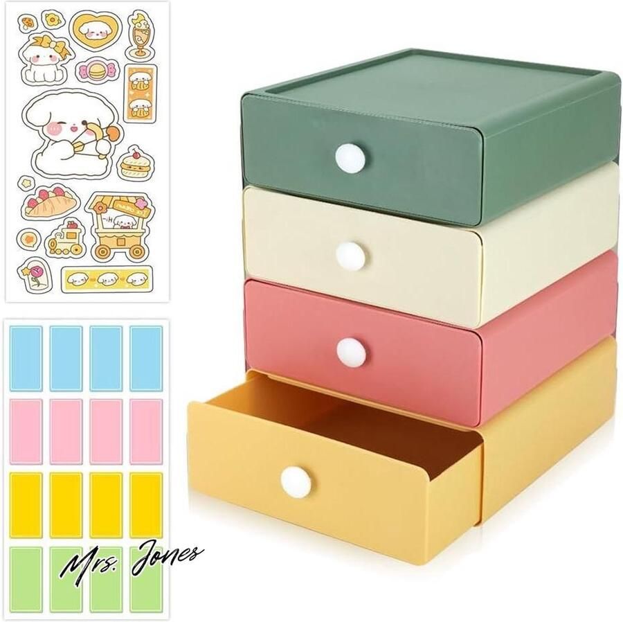 Mrs. Jones Stapelbare ladeboxen Opbergdoos met 4 kunststof laden Bureau-organizer laden 2 tabs Make-up slaapzaal badkamer 4 kleuren