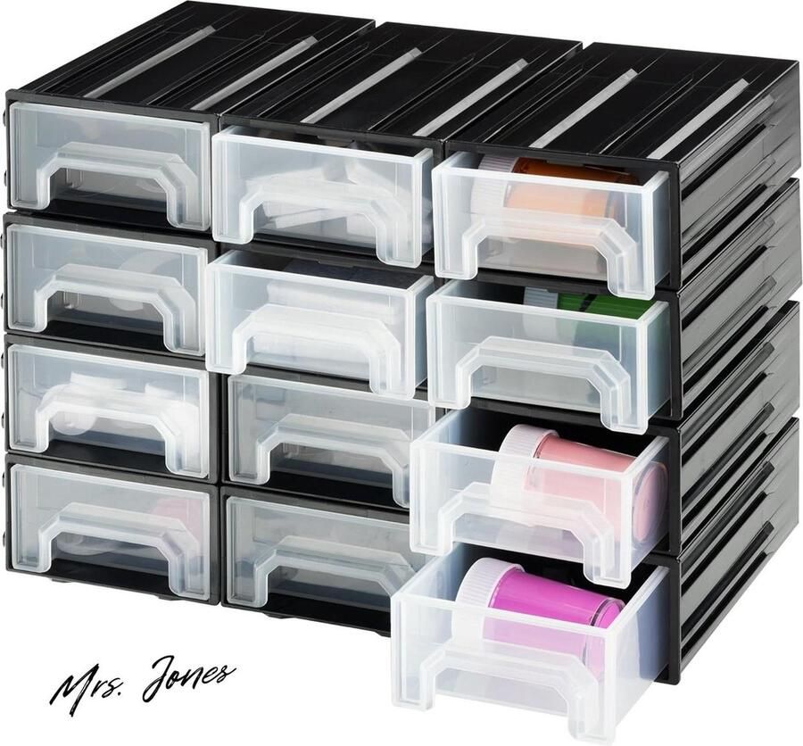 Mrs. Jones Stapelbare Ladekasten Organisator Voor Werkplaatsaccessoires Assortimentsdoos 12 Lades Zwart