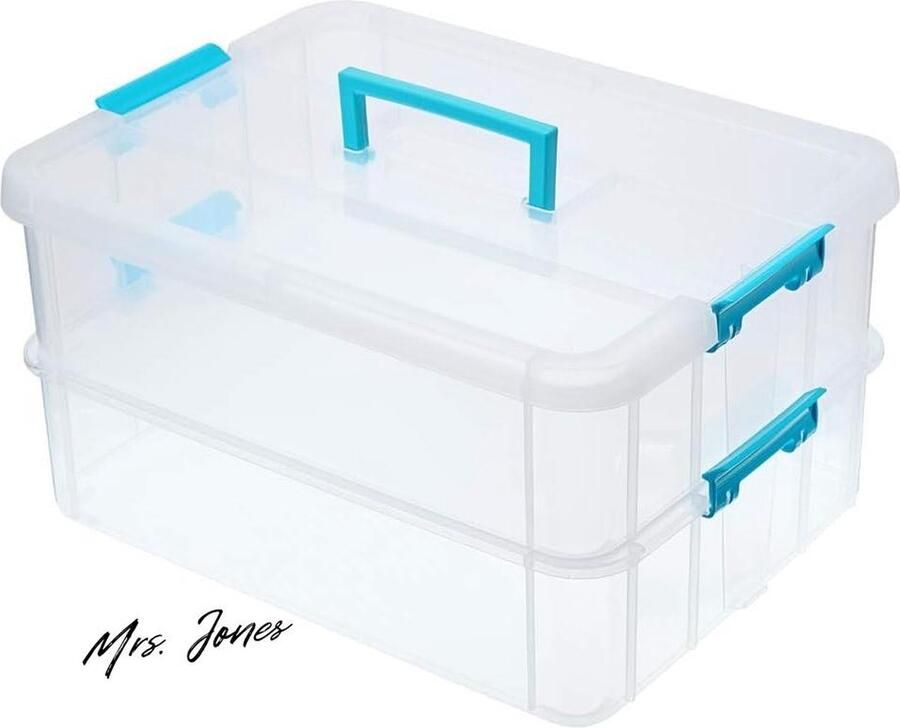 Mrs. Jones Stapelbare opbergdoos kunststof verstelbare opbergdozen draaggreep transparante containers organizer kunst handwerk speelgoed naaiaccessoires blauw