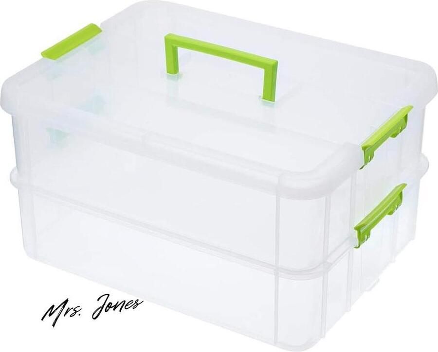 Mrs. Jones Stapelbare opbergdoos met 2 niveaus plastic verstelbare opbergcontainers met draaggreep transparante containers organizer voor kunst en handwerk speelgoed naai-accessoires groen