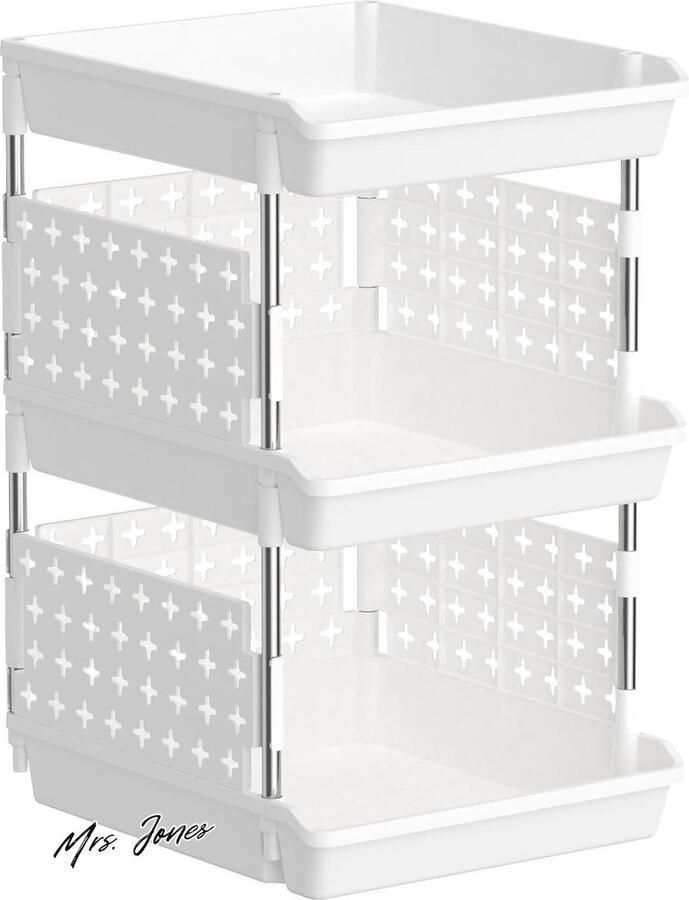Mrs. Jones Stapelbare Opbergdozen 3 Niveaus Plastic Opbergrek voor Garderobe Keuken Groente Kast Opbergmeubel 35 x 30 x 54 cm Wit