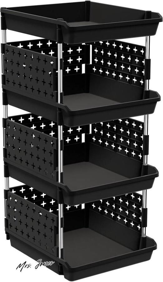 Mrs. Jones Stapelbare Opbergdozen 4 Niveaus Plastic Opbergrek voor Garderobe- Keuken Groente Kast Opbergmeubel Zwart 35 x 30 x 72 cm