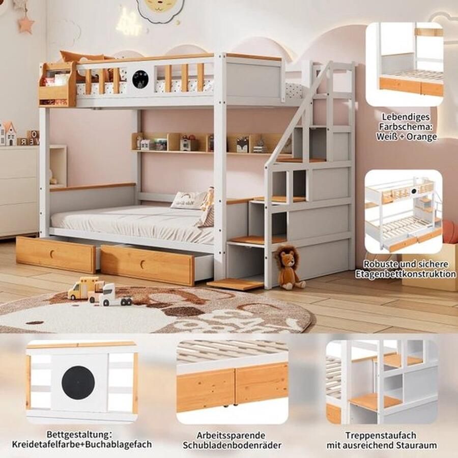 Mrs. Jones Stapelbed met trap Praktisch ontwerp Multifunctioneel kinderbed met trap Inclusief lades en planken