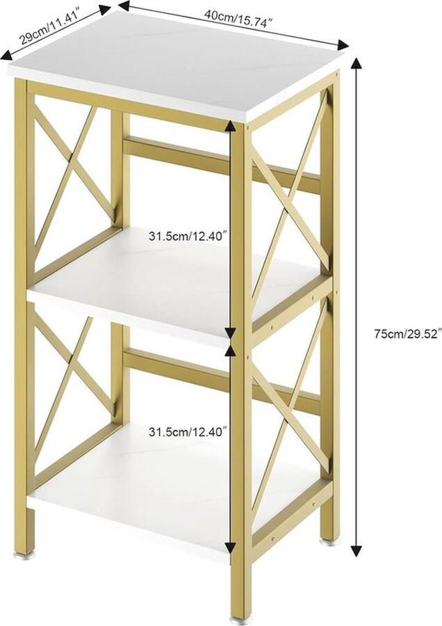 Mrs. Jones Stijlvolle Marmeren Boekenkast met 3 Planken en Stabiel X-Frame Modern Wit en Goud Ontwerp voor Woonkamer Slaapkamer Keuken Werkkamer en Badkamer