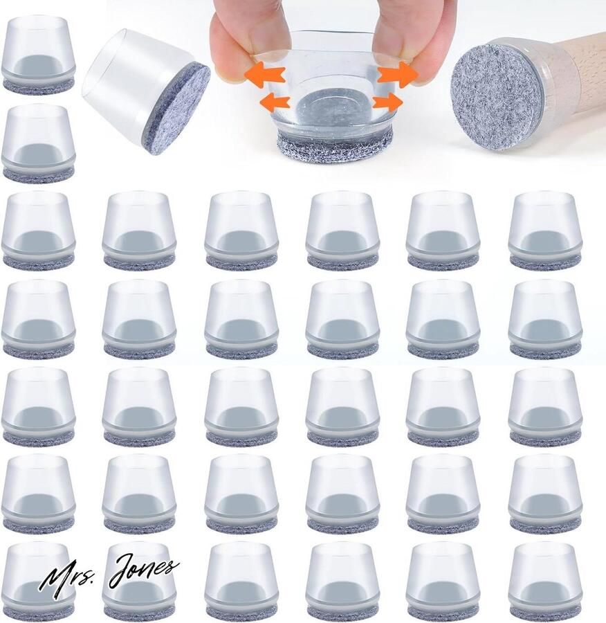 Mrs. Jones Stoelpootbeschermers 16-18 mm 16 stuks Transparante siliconen Vilten pads Stoeltafelvoethoezen Hardhouten vloeren