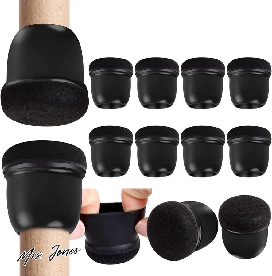 Mrs. Jones Stoelpootdoppen beschermdoppen met vilt ronde dikke siliconen stoelpootbeschermers zwart 8 stuks 14-19 mm