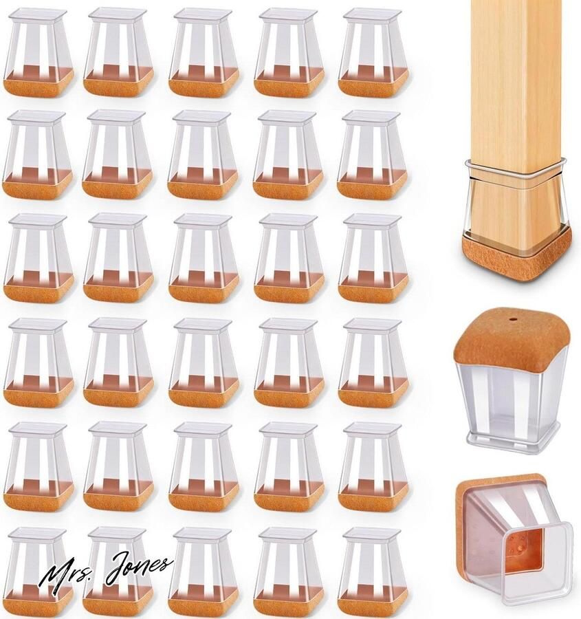 Mrs. Jones Stoelpootdoppen vierkant 32 stuks vloerbeschermers vilt transparante siliconen hardhouten vloeren