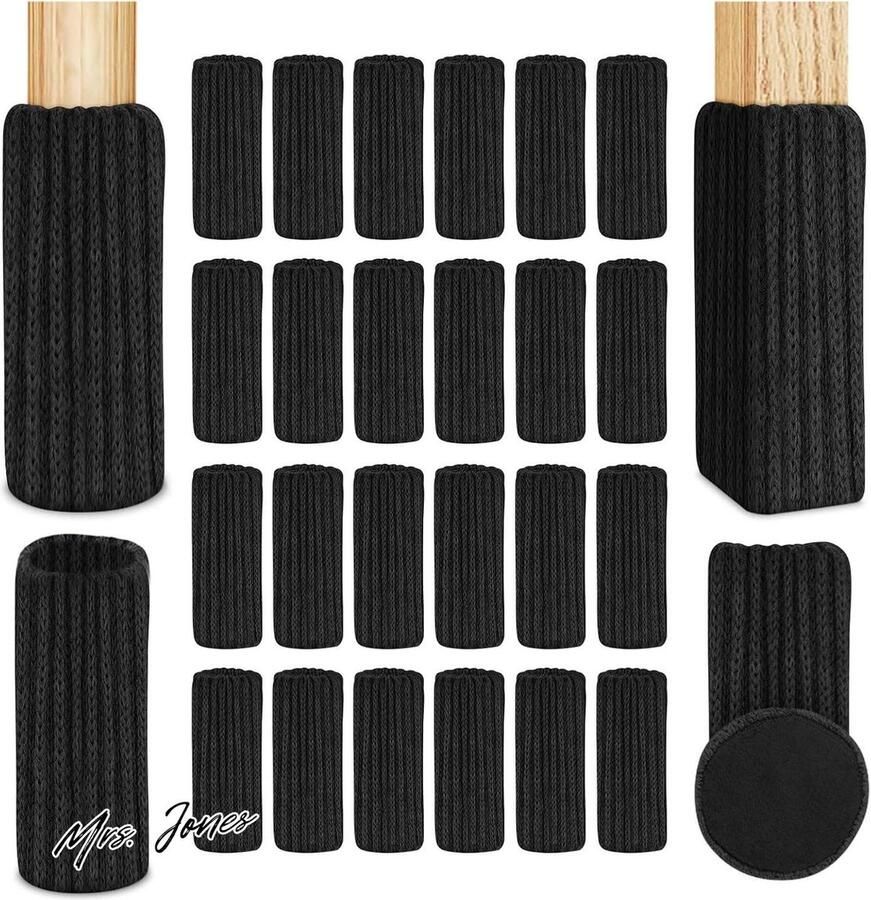 Mrs. Jones Stoelsokken elastische meubelsokken gebreid vilten stoelpootdoppen dikke onderkant antislip pads voor meubels tafel vloerbescherming voorkomt krassen en geluiden zwart 24 stuks OSDUE