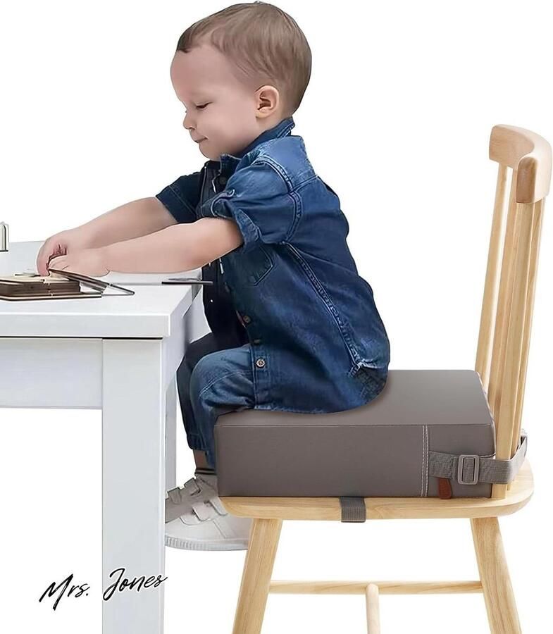 Mrs. Jones Stoelverhoger Draagbaar Wasbaar Zitverhoger Kinderstoel PU Kinderen 2 Veiligheidsgespen Antislip Zitverhoger Kinderen Zitverhoger voor Thuis Onderweg (Grijs)