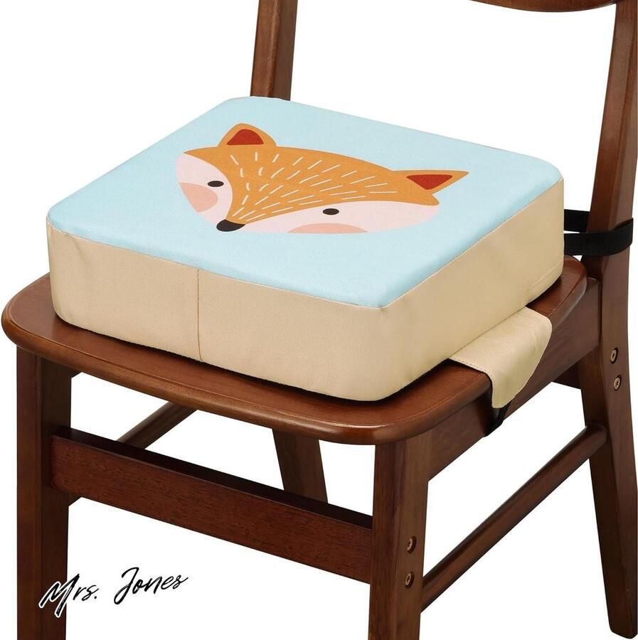 Mrs. Jones Stoelverhoger voor kinderen 10 cm 32 x 32 x 10 cm Stoelverhoger voor eetkamerstoel Makkelijk mee te nemen Katoen en schuim Vos print