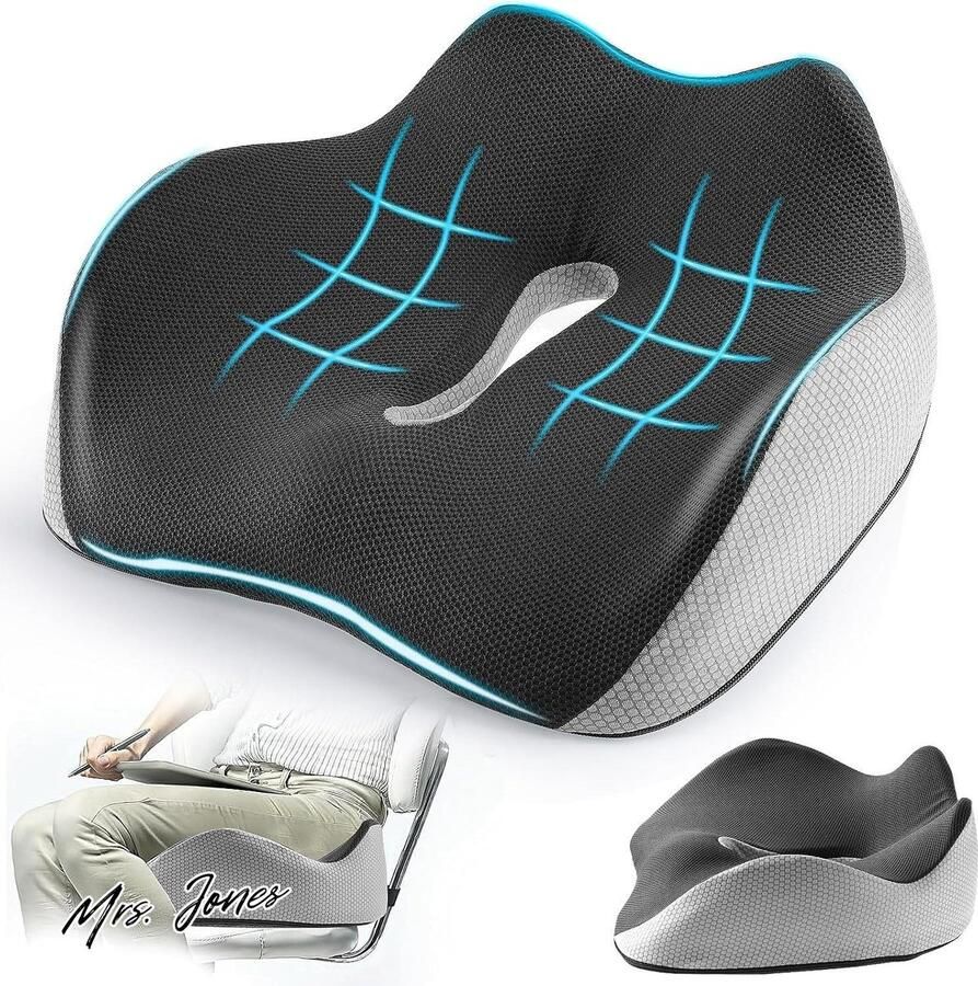 Mrs. Jones Stuitbeenkussen verstelbaar zitkussen van traagschuim vermindert ischias staartbeen rugpijn stoelkussens antislip bodem wasbare hoes ergonomische zitkussens voor bureaustoel rolstoel grijs