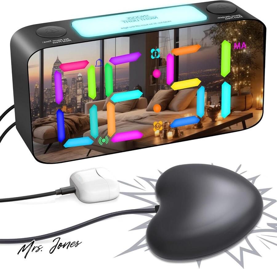 Mrs. Jones Super Loud Bed Shaker Dual Alarms Clock Voor Zware Slaper Volwassenen Trillende Digitale Klok Met Dimbaar Groot Spiegel LED-Display Nachtlampje USB-Oplader Batterijback-up