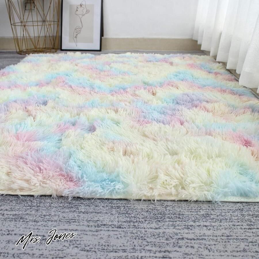 Mrs. Jones Super zacht pluizig hoogpolig tapijt veelkleurig 120 x 160 cm antislip tapijt regenboog kindermat woonkamer extra groot modern vloerkleed voor slaapkamer en kinderkamer pluizend