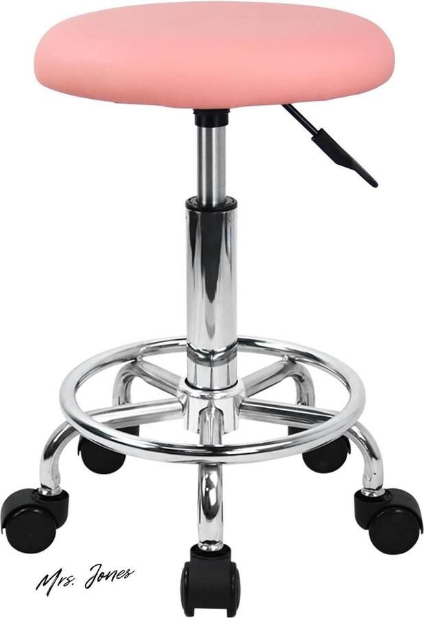 Mrs. Jones Swivel Rolling Kruk Hoogte Verstelbare PU Lederen Kussen Salon Vanity Massage Kantoorkruk Stoel Klein Roze