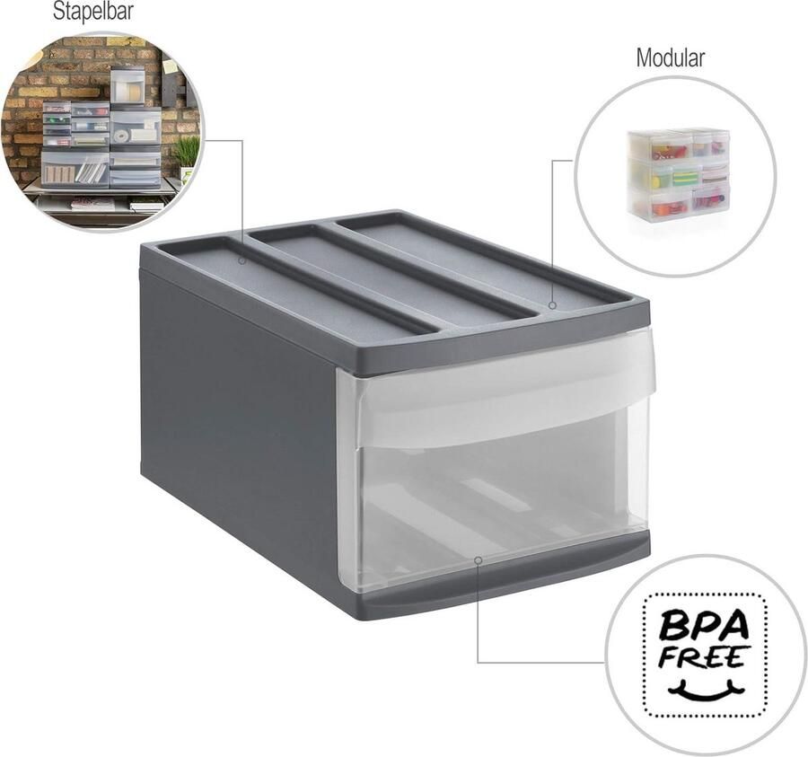 Mrs. Jones Systemix Ladebox 1 lade Kunststof BPA-vrij antraciet-transparant M formaat 395x255x203 cm