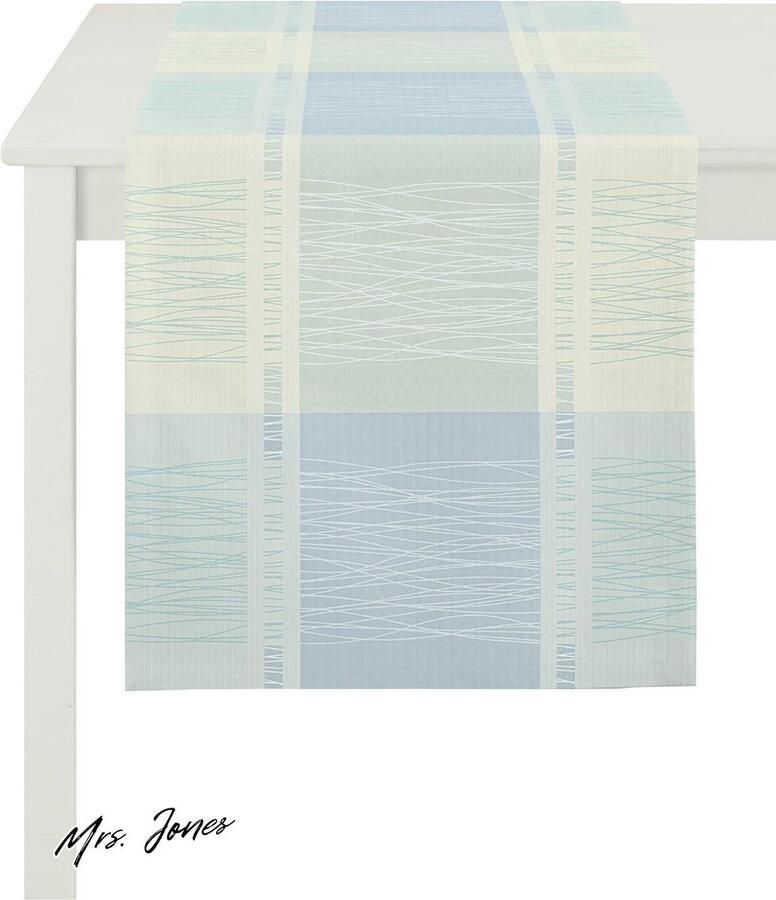 Mrs. Jones Tafelloper 100% polyester lichtgrijs lichtblauw 44x140 cm
