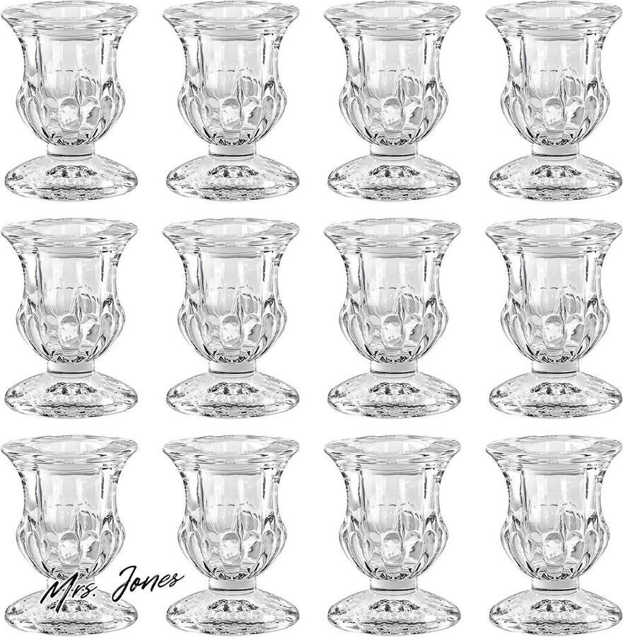 Mrs. Jones Taps Toelopende Kaarsen Houder Set (12 Pak) B47 x H63 cm Kristalhelder Glazen Houders voor Huisornamenten Bruiloft Tafel Decoratie Stukken en Aromatherapie Geschenk