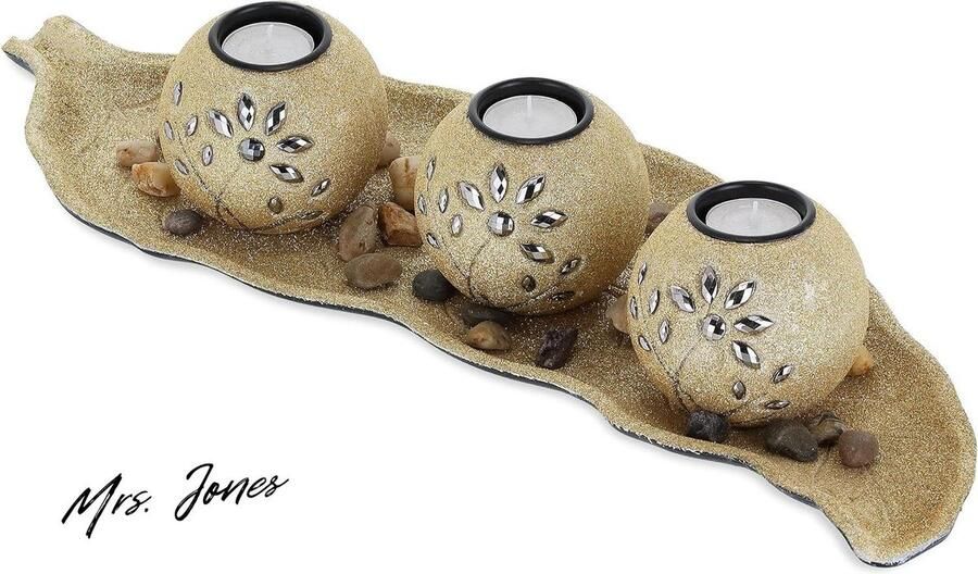 Mrs. Jones Theelichthouder met schaal & steentjes 50 cm Eettafel Woonkamer Tafeldecoratie Waxinelichthouder Goud