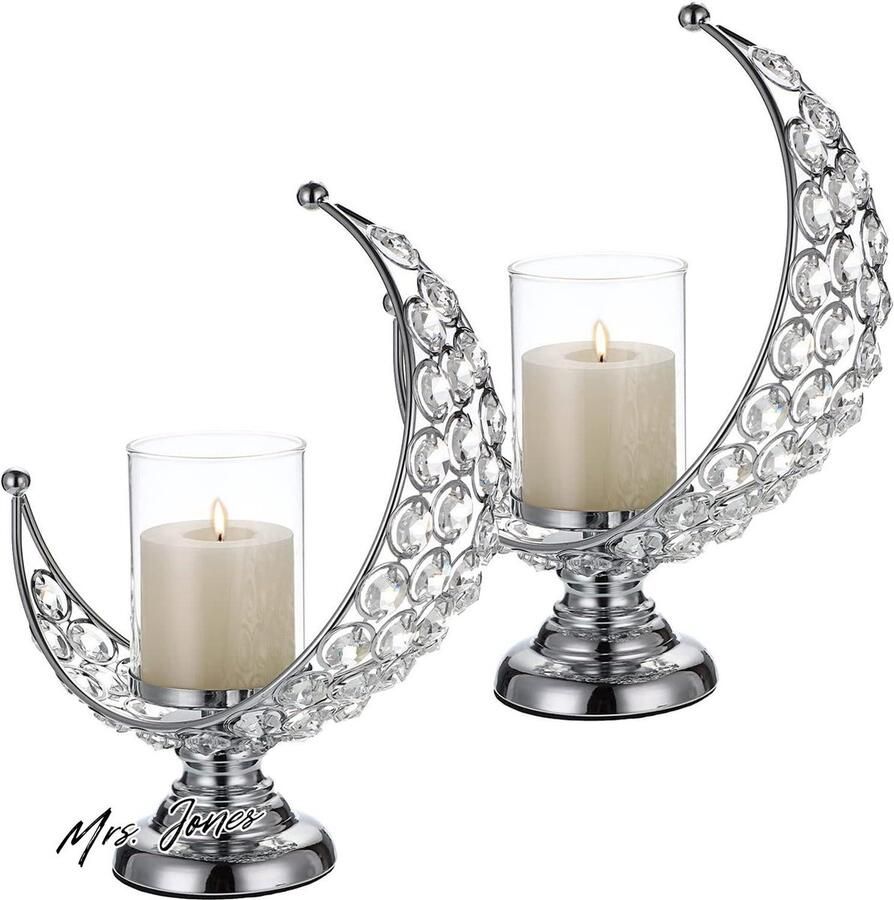 Mrs. Jones Tolida Pack van 2 maanvorm kristallen theelicht kandelaar kaars houder met afneembare schaduw voor thuiskantoor bruiloft partij receptie tafel centrum decoratie zilver bloemdecoratie feestdecoratie