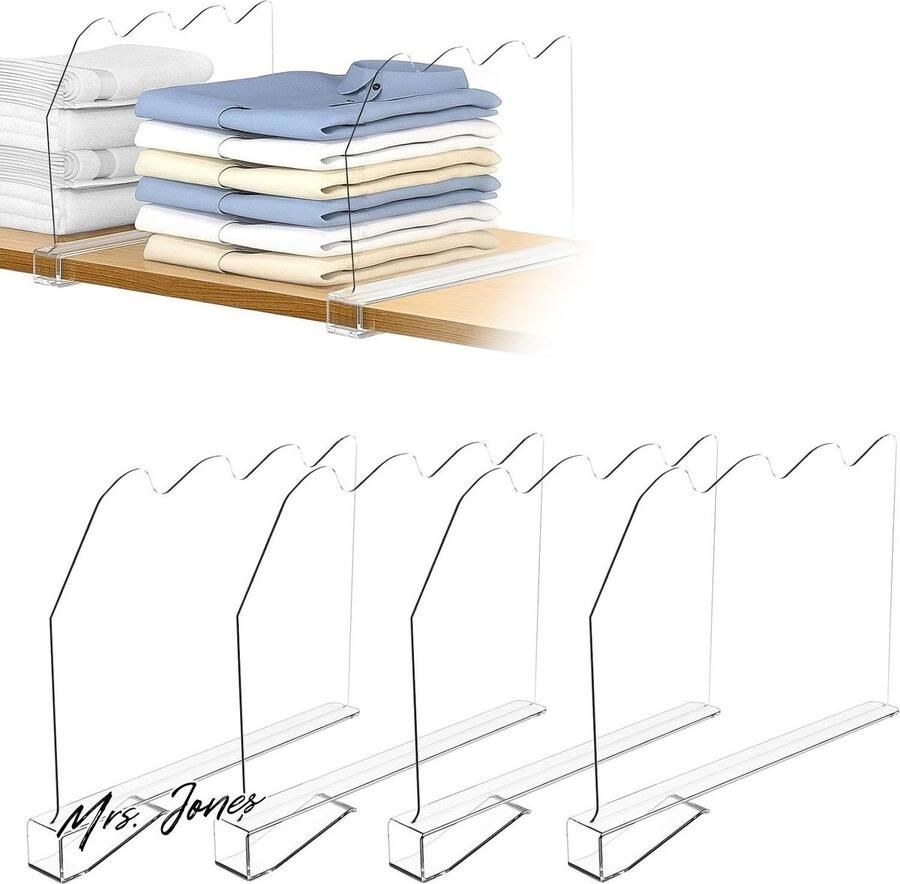 Mrs. Jones Transparante acrylplankverdeler 4 stuks 30 x 20 cm Kastscheider en organizer voor slaapkamer keuken kasten en boekenrekken organisatie
