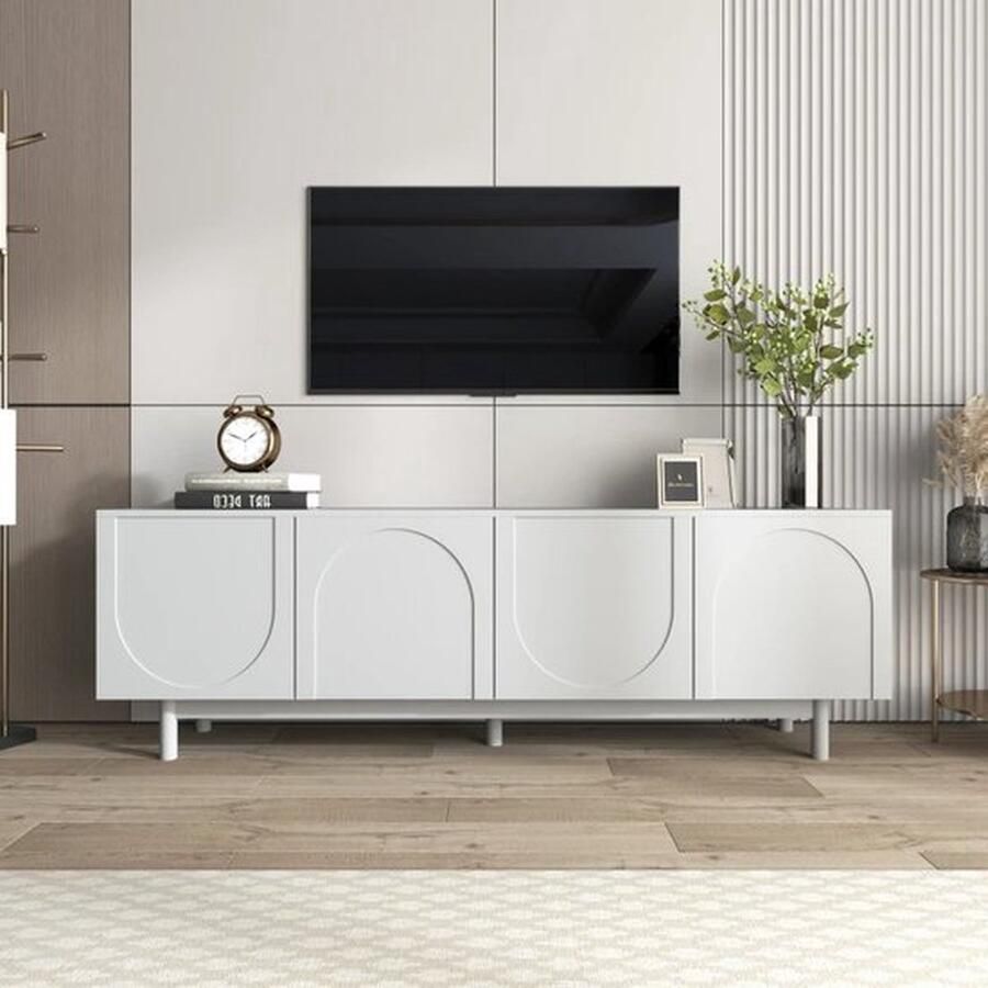 Mrs. Jones Tv Meubel Dressoir Luxe Tv Kast 4 Deuren Getextureerde Deuren Greeploos Push To Open 175x38x56Cm Wit