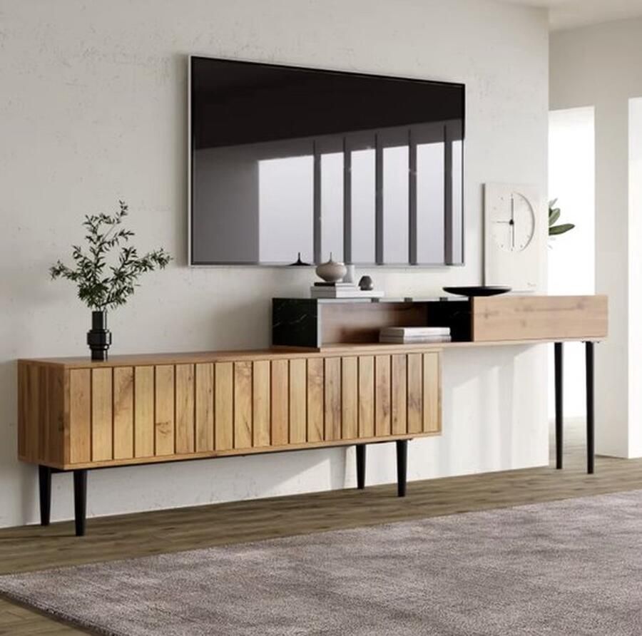 Mrs. Jones TV Meubel Dressoir Luxe Tv Kast 4 vakken Marmerlook blad Hout Bruin Zwarte poten In lengte te verstellen