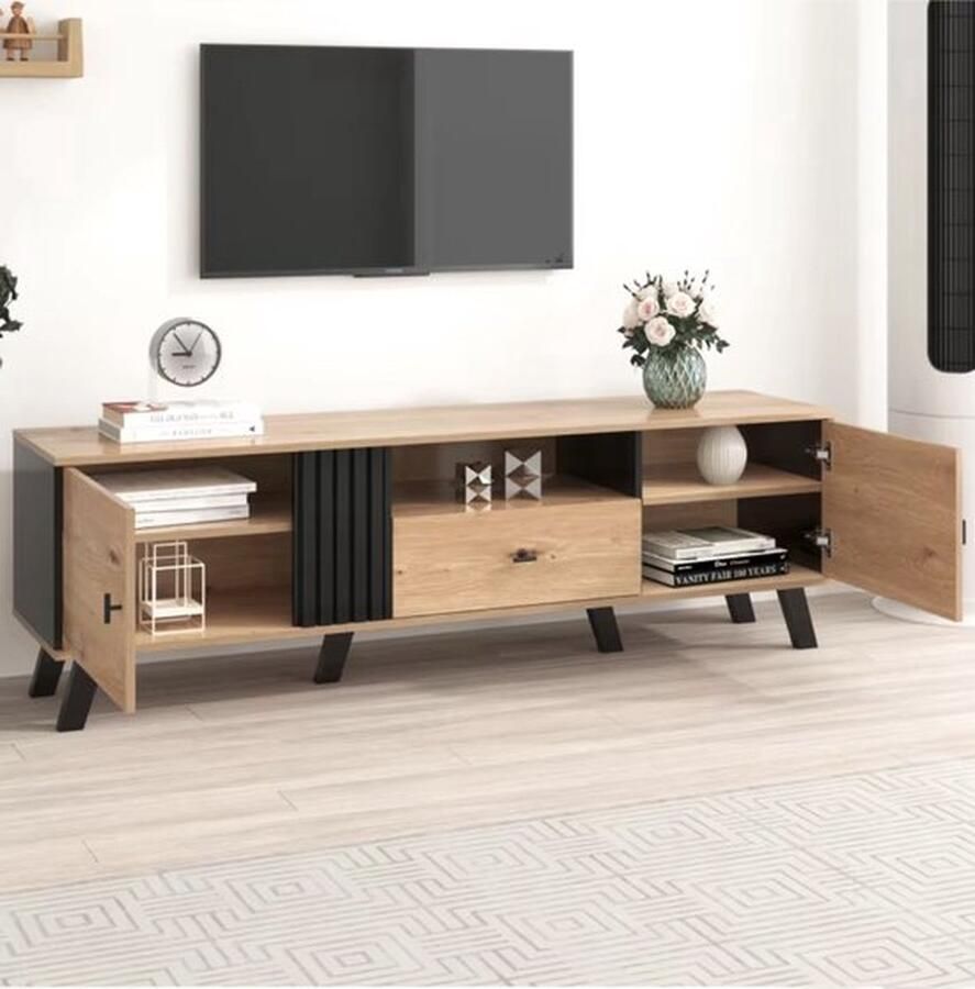 Mrs. Jones TV Meubel Dressoir TV kast Televisie kast Deuren en Lade Houten strips Bruin en zwart 170x50x40