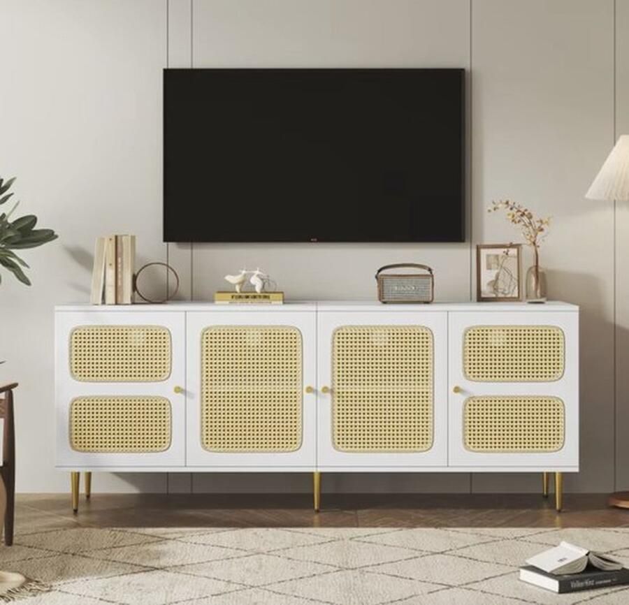 Mrs. Jones TV Meubel Hoog Dressoir Televisie Kast 4 Deuren Hoogte verstelbare planken Kabelbeheer Rotan Wit