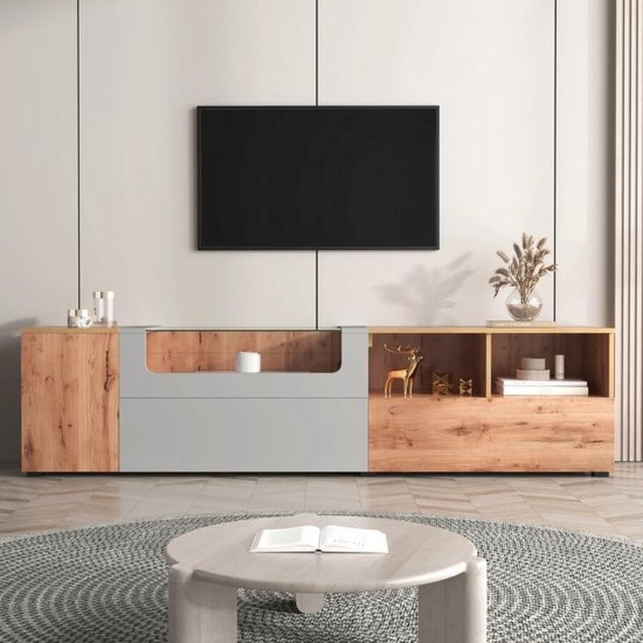 Mrs. Jones TV Meubel in Landelijke Stijl Inclusief LED-Verlichting Glas & Houten Afwerking 180x45x50