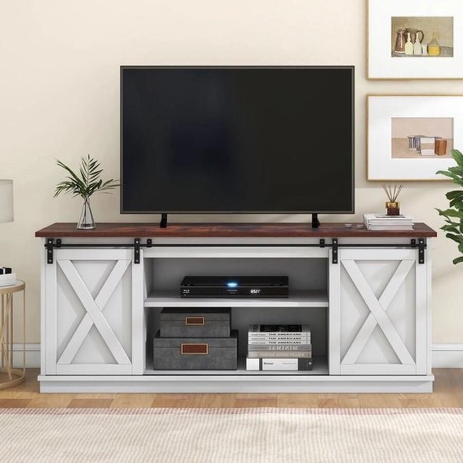 Mrs. Jones TV Meubel Inclusief LED Verlichting Schuifdeuren Landelijke Stijl Veel Opbergruimte Wit 150x40x61