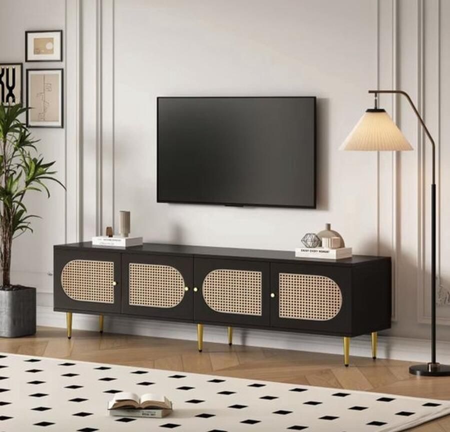 Mrs. Jones TV Meubel Laag Dressoir Televisie Kast 4 Deuren Hoogte verstelbare planken Kabelbeheer Rotan Zwart