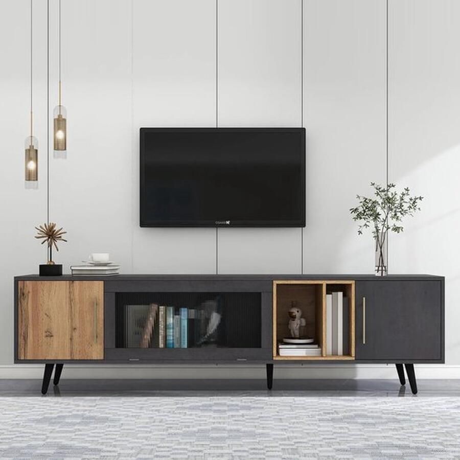 Mrs. Jones TV Meubel Modern Design Grijs met Hout Accenten Neerklapbare Glazen Deur 200 x 40 x 55cm