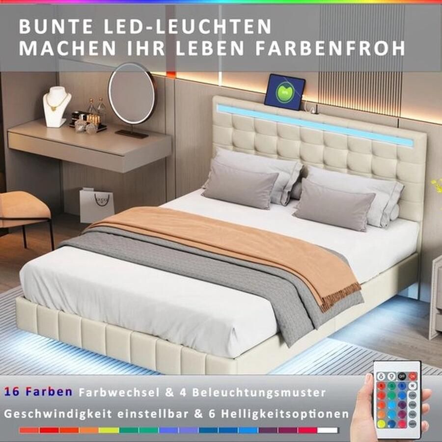 Mrs. Jones Twijfelaar 140 x 200 Groot 1 persoons bed Met LED verlichting en USB poorten Zacht hoofdeind Mooi design