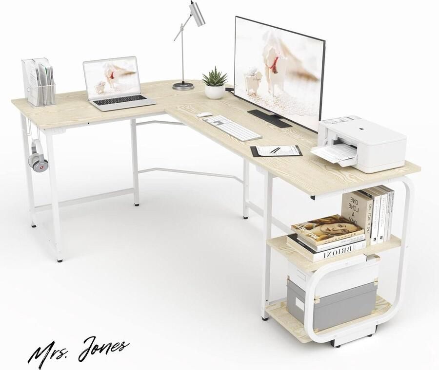 Mrs. Jones Ulifance L-vormige hoekbureau omkeerbaar met planken en hoofdtelefoonhaak gamingbureau laptoptafel werkstations voor thuiskantoor beige