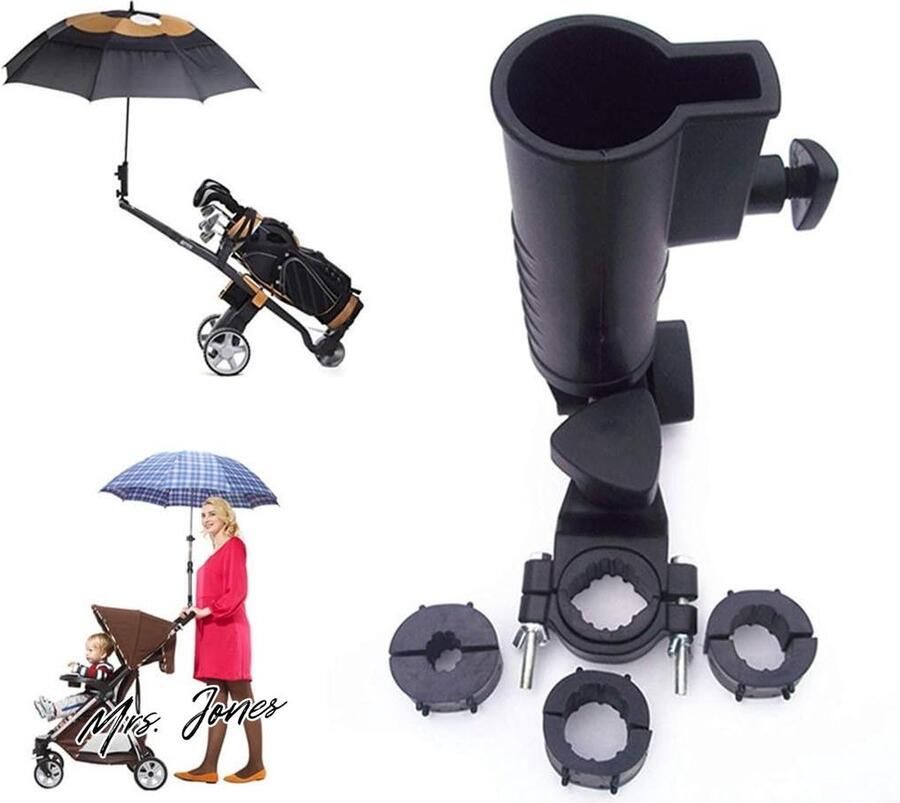 Mrs. Jones Universele parapluhouder 15 mm 25 mm 30 mm optionele greepverbindingsmaten voor golfwagen fiets kinderwagen vissen strandstoel rolstoel met frame