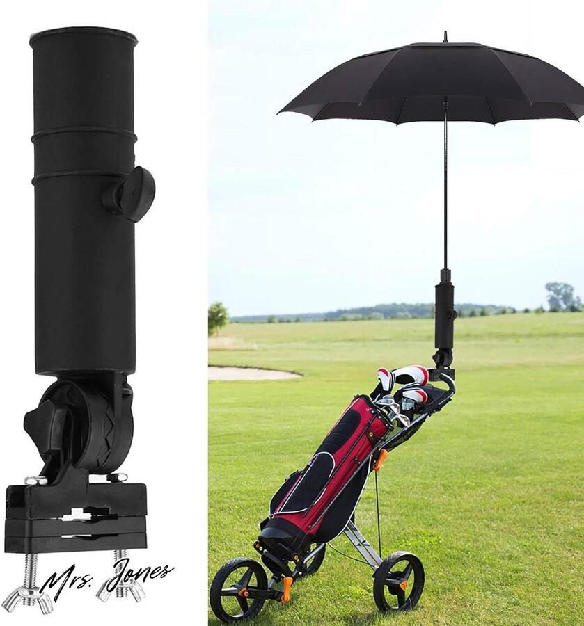 Mrs. Jones Universele Verstelbare Golfkar Paraplu Stand Plastic Golf Trolley Paraplu Houder voor Veel Golf Cart Ronde Handvatten Eenvoudig Te Installeren Zwart Paraplu Houder