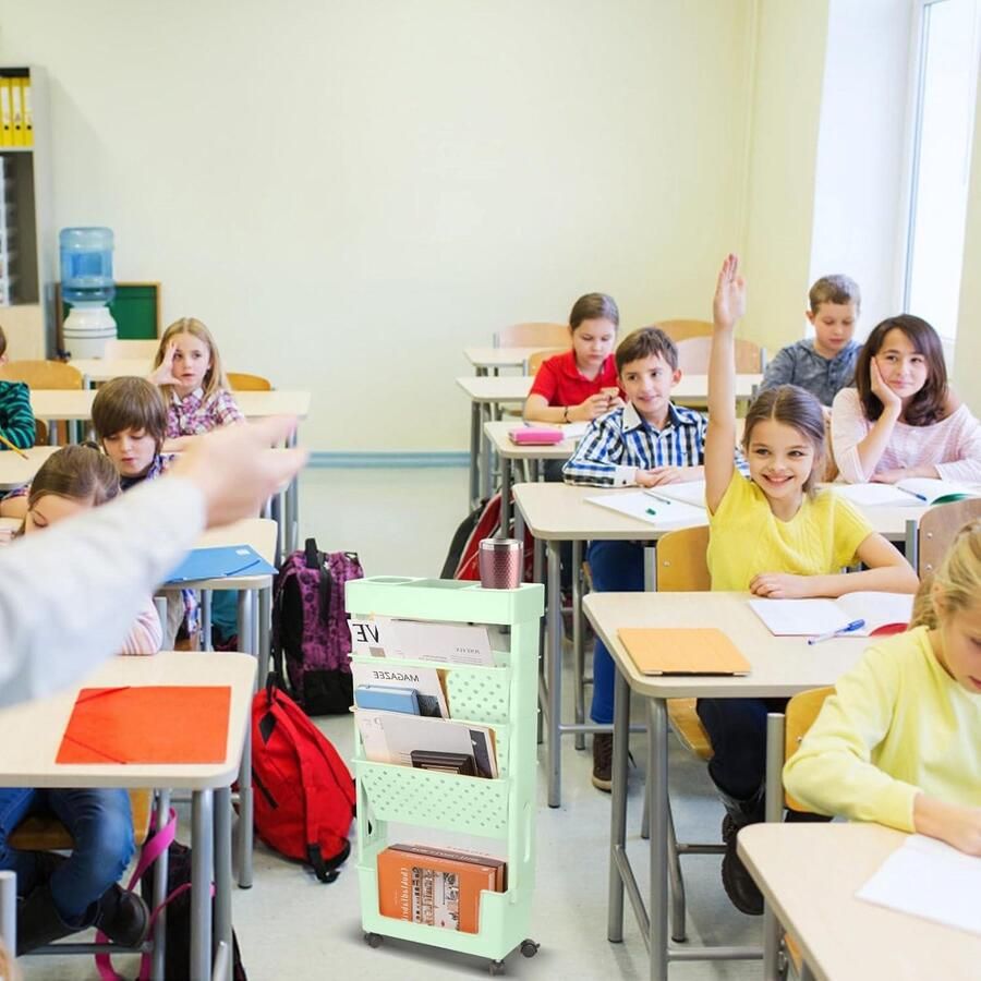Mrs. Jones Verplaatsbare Boekenplankwagen Rollende Boekenplank met Wielen Mobiele Boekenplank Opbergmand aan Tafel Boekenrek voor Kantoor Thuis Klas Slaapzaal (Groen)
