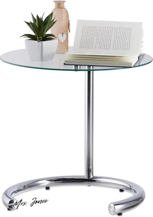 Mrs. Jones Verstelbare bijzettafel 70 cm hoogte glazen tafelblad Ø 46 cm zilver