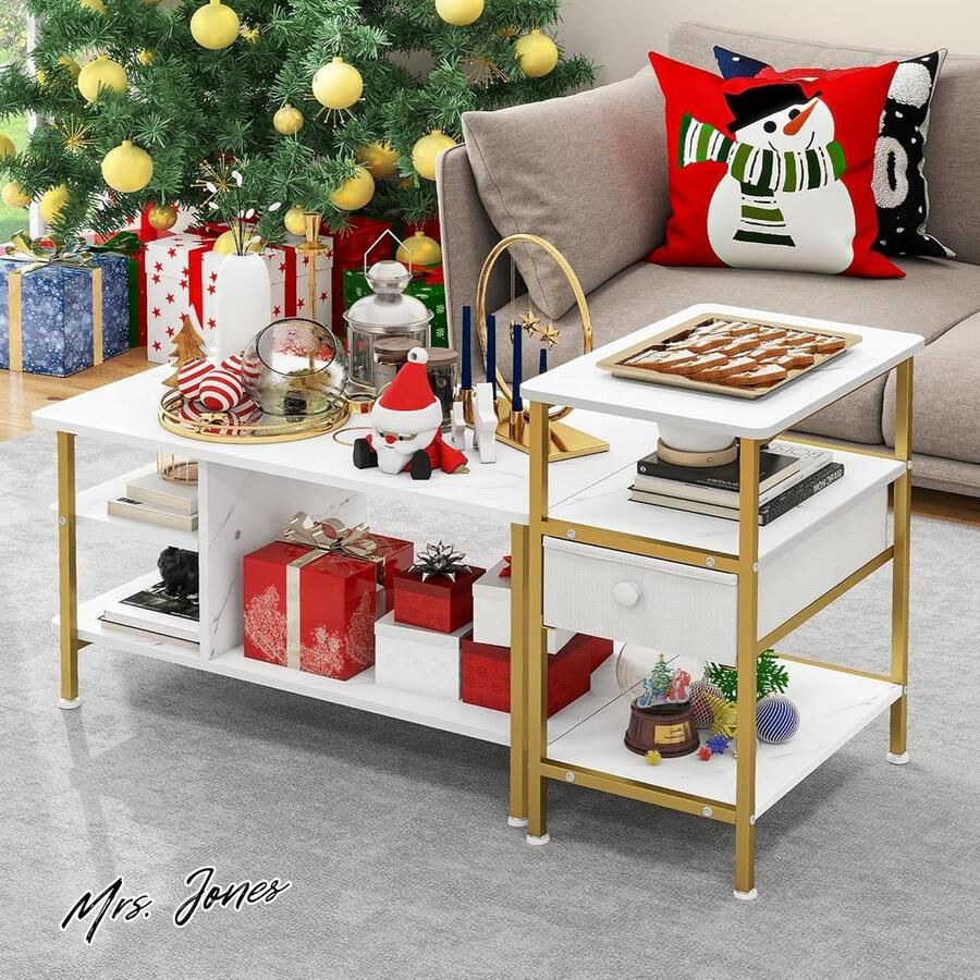 Mrs. Jones Verstelbare salontafel set van 2 moderne industriële salontafels voor woonkamer met afneembare bijzettafel lade open planken gouden metalen frame wit marmer moderne woonkamer