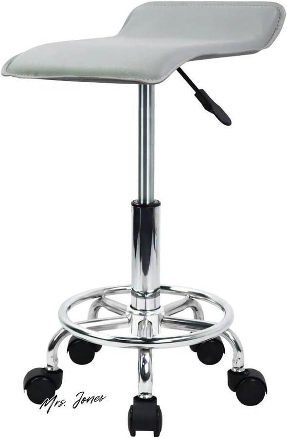 Mrs. Jones Vierkante in hoogte verstelbare rolkruk met voetsteun PU lederen zitkussen spa opstellen salon tatoeage werk draaibare kantoorkrukken taakstoel klein grijs verstelbaar in hoogte met voetsteun