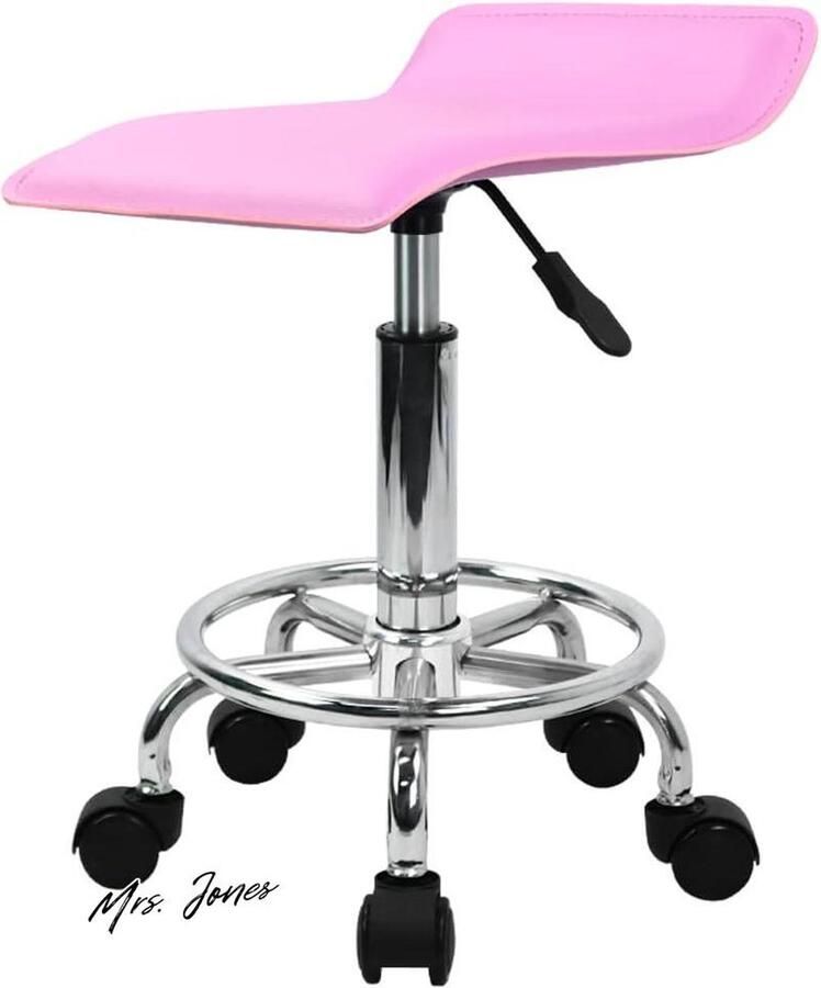 Mrs. Jones Vierkante in hoogte verstelbare rolkruk met voetsteun PU lederen zitkussen spa opstellen salon tatoeage werk draaibare kantoorkrukken taakstoel klein roze comfortabel ergonomisch