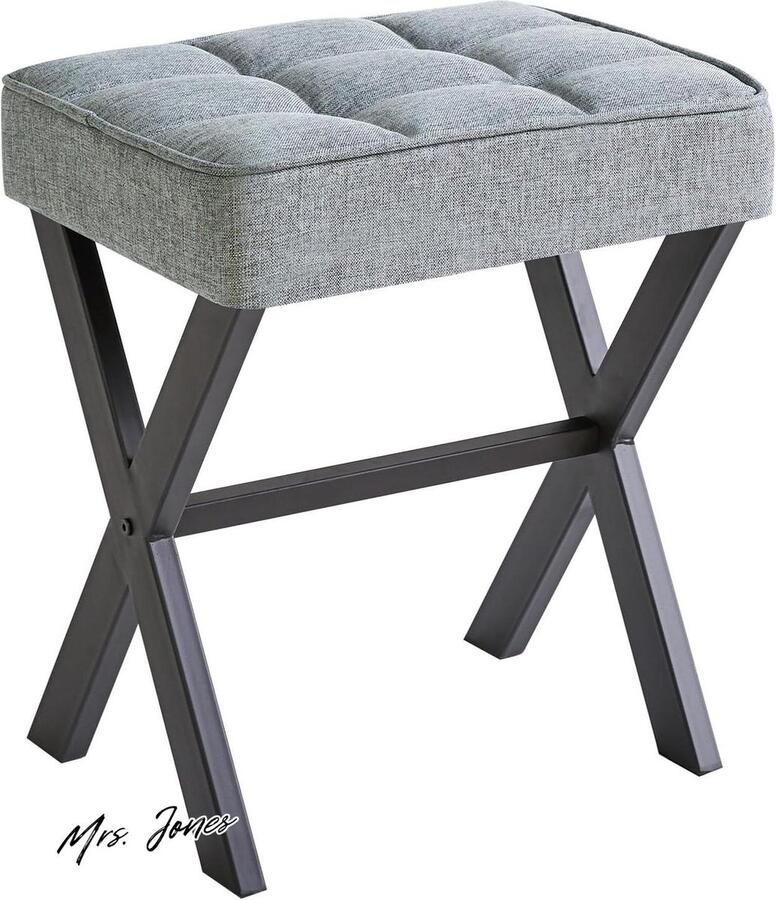 Mrs. Jones Vierkante make-upkruk met X-poot voetsteun linnen voetensteun Ottomaanse zitmeubel multifunctioneel als kleine bijzettafel voor slaapkamer woonkamer blauwgrijs L G-70L met X-poot voetsteun