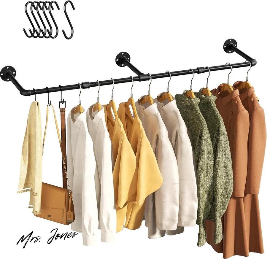 Mrs. Jones Vintage kledingrek 55 industriële pijp wandmontage kledingrek ruimtebesparende kledinghanger voor zwaar gebruik 1-pack met 6 S-haken