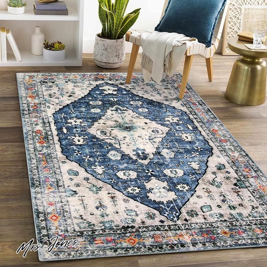 Mrs. Jones Vintage vloerkleden 90 x 150 cm zachte vloerkleden voor de slaapkamer antislip boho-tapijt wasbare vloerkleden kortpolig traditioneel woonkamertapijt niet pluizend met patroon