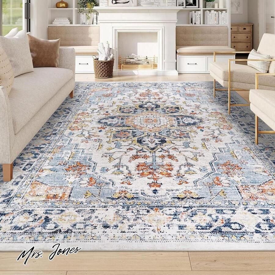 Mrs. Jones Vintage vloerkleed 120 x 170 cm wasbaar woonkamertapijt antislip print accenttapijten voor slaapkamer noodlijdend dun tapijt boho tapijt voor eetkamer Oosterse stijl klassiek design
